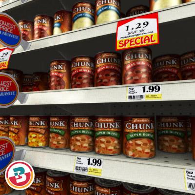 3D Model of Grocery shelves stocked with low poly soup products - 3D Render 4